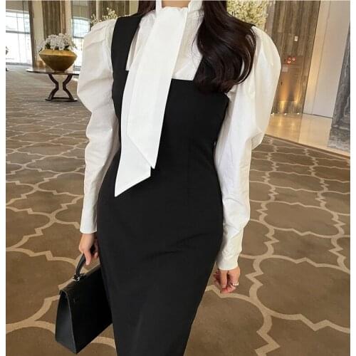 Vinatge Lace Up Puff Sleeve Blouse Women+Sleeveless Vest Dress Two Piece Sets