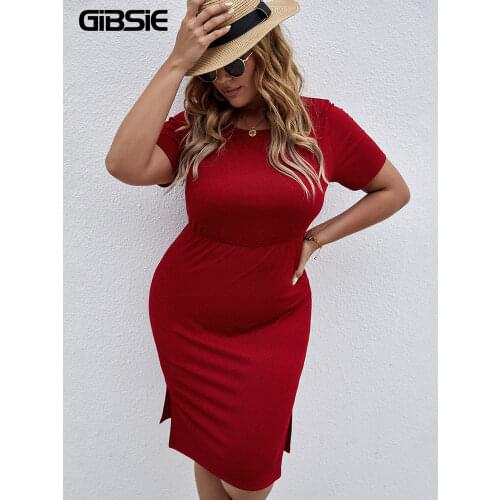 GIBSIE Solid O-Neck Short Sleeve Summer Dress Plus Size xxxl 4xl Women Office Casual Split Hem Bodycon Midi Dresses 2021 New
