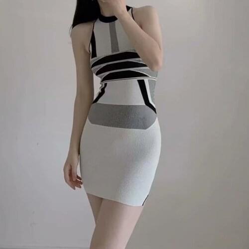 Sexy Knitted Patchwork Geometric Tank Mini Dress Women O Neck Sleeveless Skinny Bodycon Dresses Party Club Slim Stretch Clothes