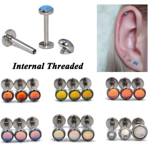 2PCS 16G New Internal Threaded Flash Film Glitter Gem Flat Back Labret Stud Ear Tragus Cartilage Helix Earring Piercing Body Jew