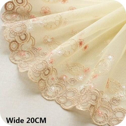 20CM Wide Exquisite Apricot Mesh Embroidery Flowers Fabric Handmade DIY Skirt Lace Appliques Ribbon Dress Curtains Sewing Decor