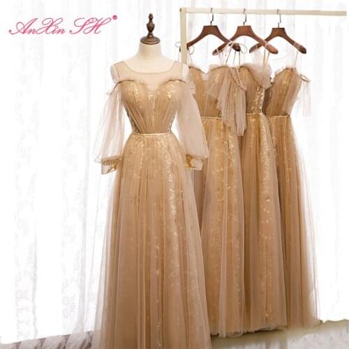 AXJFU princess lace o neck Bridesmaid Dress fashion illusion bow beading star sequins sparkly long ruffles long Bridesmaid Dress