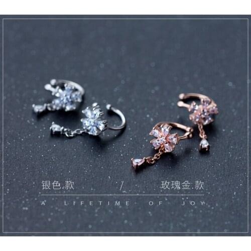 No pierced) 1pair Real. 925 Sterling Silver jewelry White /Gold Prong CZ Flower Cuff Clip Earrings Tassel Drop jewelry