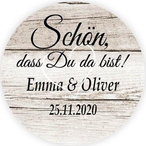 DouxArt 100 pcs Custom Personalized, Wedding Stickers - Schon dass du da bist, 40mm Wooden Wedding Baptism Event Labels P076
