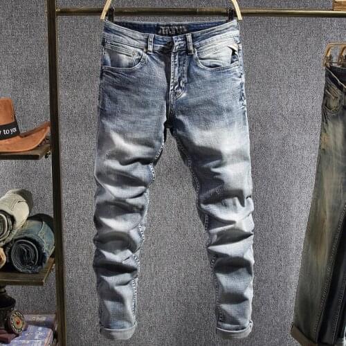 European Vintage Fashion Men Jeans Retro Light Blue Elastic Cotton Ripped Jeans Men Slim Fit Designer Casual Denim Pencil Pants