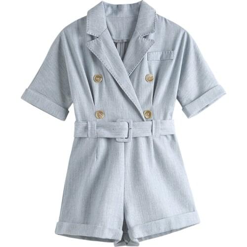 PERHAPS U Blue Pink Short Sleeve Playsuits Rompers Summer Beach Sash Notch Collar Double Breasted J0050