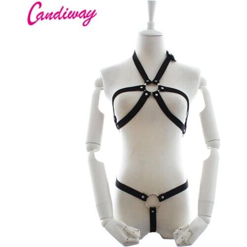 Candiway Enticing Womens Sexy Lingerie Set Exotic Woman Breast Bra Bondage Sexy Open Bra Set Leather Manacle Women Costumes Hot
