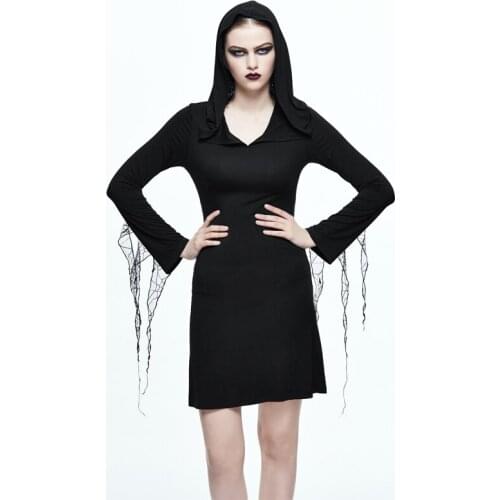 Devil Fashion Spring Punk Style Women Dresses Lace Sheath Dresses Hooded Dresses Big Elastic Short Dresses