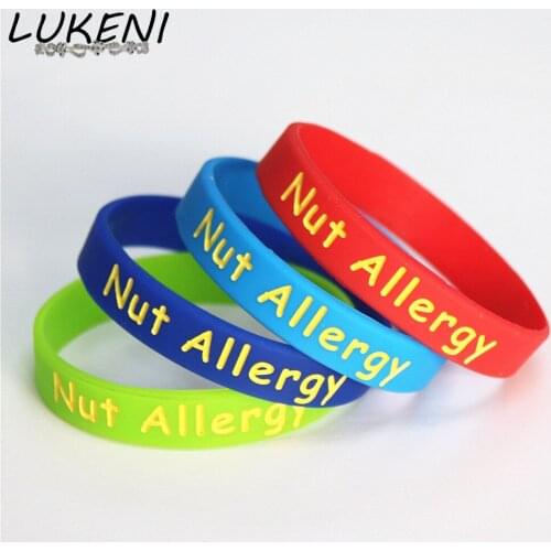 LUKENI 4PCS/lot Medical Alert Nut Allergy Silicone Wristband Adults Size Green Red Blue Armband Braceets&Bangles Gifts SH110A