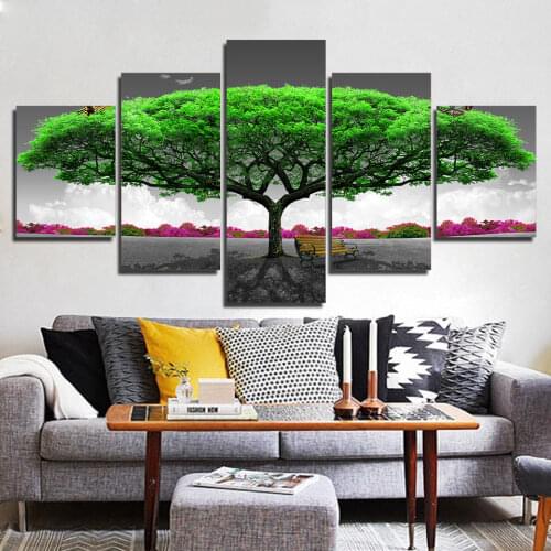 Modular Canvas Painting HD Home Decor 5 Piece Green Tree With Chair Picture Modern Printed Landscape Poster Living Room Wall Art