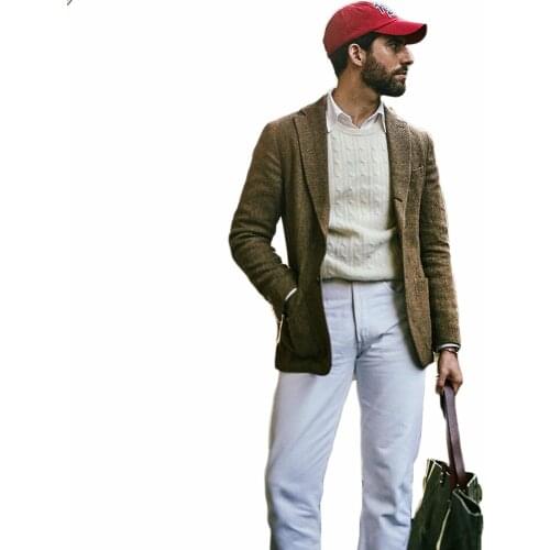 Mens Formal Suits Custom Made Two-Button Wedding Tuxedos Handsome Peaked Lapel Wool Blend Harringbone Groom Two Pieces Suit