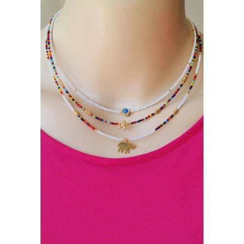 White Multi Color Loverly Beads Gold Evil Eye Starfish Elephant Design Triple Necklace