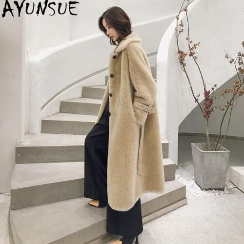 AYUNSUE 2021 Winter Real Fur Coat Female Sheep Shearing Coats Women Long 100% Wool Fur Jacket High Quality Abrigos Para Mujer