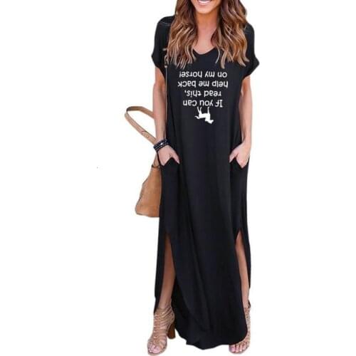 Dress V-Neck Pocket Split LOGO Letters Print Dress Women Beach Maxi Clothing Boho Ukraine