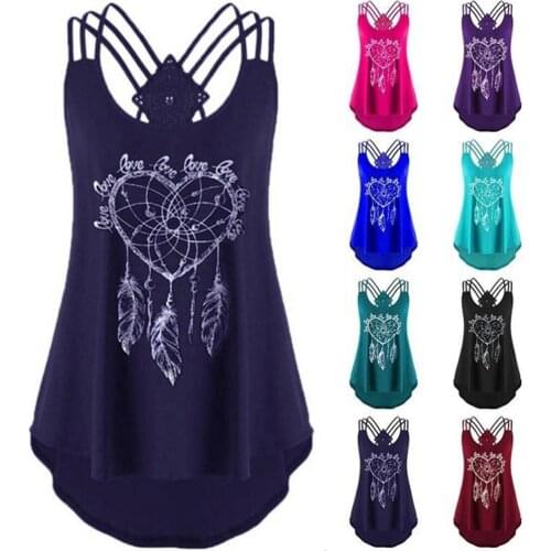 Summer top Sexy Off Shoulder Women Vest Printed Loose Plus Size All-match Backless Spaghetti Strap Tanks Top Solid Color Feather