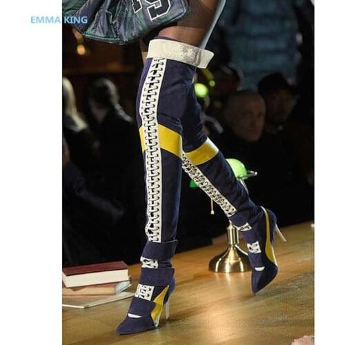 New Arrival Blue Patchwork Thigh High Boots Women Pointy Toe High Heels Lace Up Boot Largas Sexy Woman Over The Knee Knight Boot