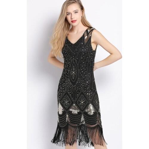 Women 1920s Gatsby Charleston Inspired Sequin Fringe Flapper Dress Beaded Art Deco Dress V-Neck Sleeveless Long Party Costume