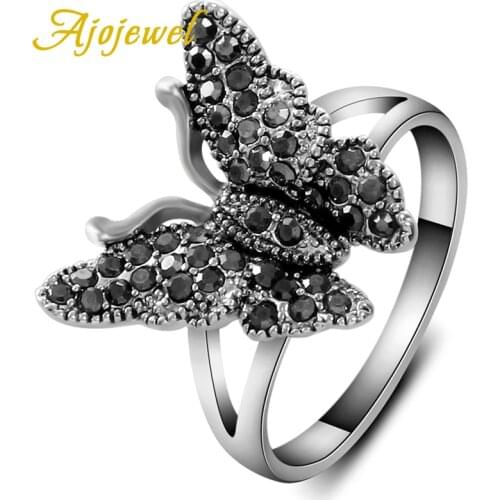 Ajojewel Womens Retro Black Rhinestone Flying Butterfly Ring Brand Costume Jewelry