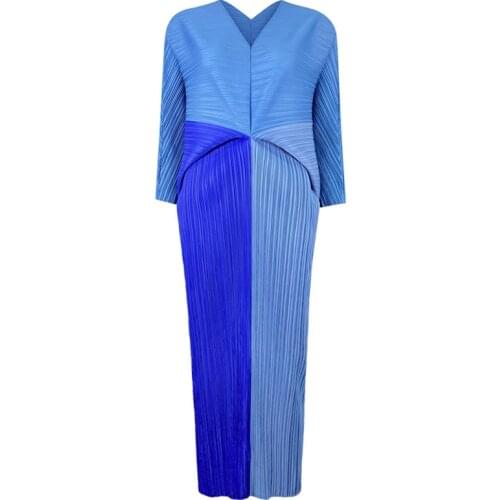 DEAT Pleated Woman Dress Hit Color V Collar Batwing Long Sleeve Loose Calf Long Length Dresses Casual Style 2021 Summer HT584