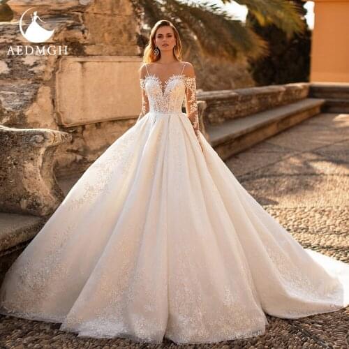 Aedmgh Ball Gown Wedding Dresses 2021 Spaghetti Sraps Long Sleeve Robe De Mariee Bright Appliques Bridal Dress Vestido De Novia