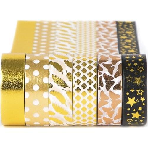 Gold Washi Tape Set 6 rolls, Decorative Craft Tapes Kit of Cute Patterns for Scrapbooking, DIY Projects