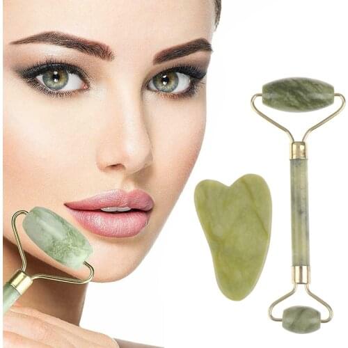 2 in 1 Green Roller and Gua Sha Tools Set by Natural Jade Scraper Massager Eye Face Neck Thin Lift Relax Slimming Tools New
