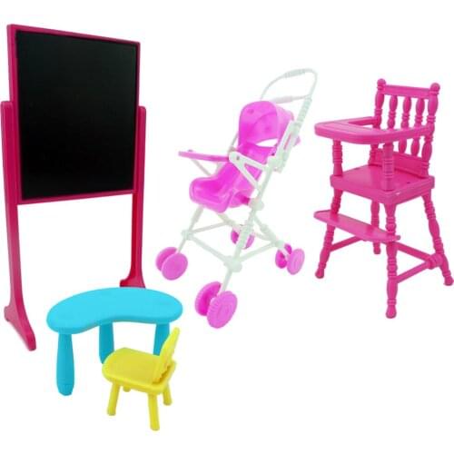 3 Set Dollhouse Accessories Pink School Living Room Baby Trolley Chair Blackboard Furniture for Barbie Doll Kelly 4inch Doll Toy
