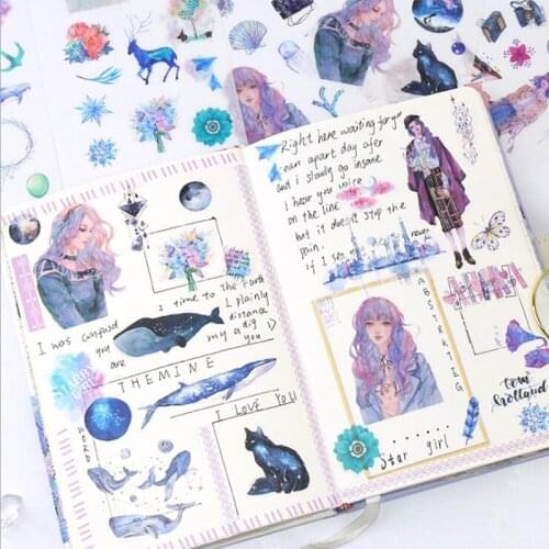 6PC Creative Feather Fashion Starry Girl Sticker Diary Decoration Label DIY Stickers Children Stationery Supplies Gift
