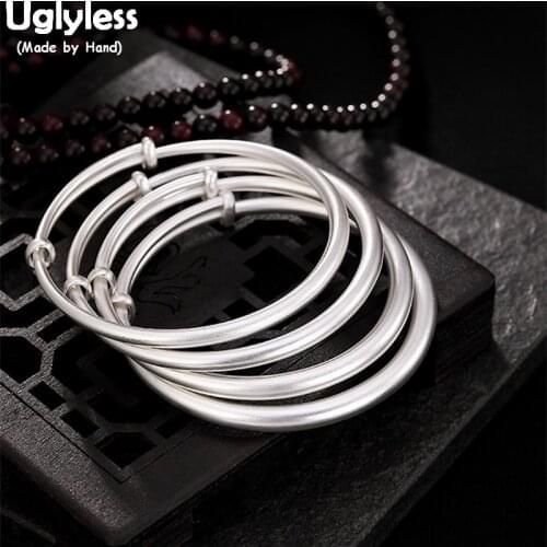 Uglyless 100% Real 999 Full Silver Push-pull Bracelet for Women Simple no Decorations Fine Jewelry Fashion Plain Bangles 4 Sizes
