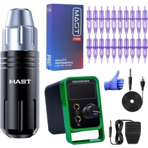 Dragonhawk Mast Tattoo Pen Machine Set Kit Motor Rotary Pen Permanent Makeup Cartridge Needles Set LCD Power Supply