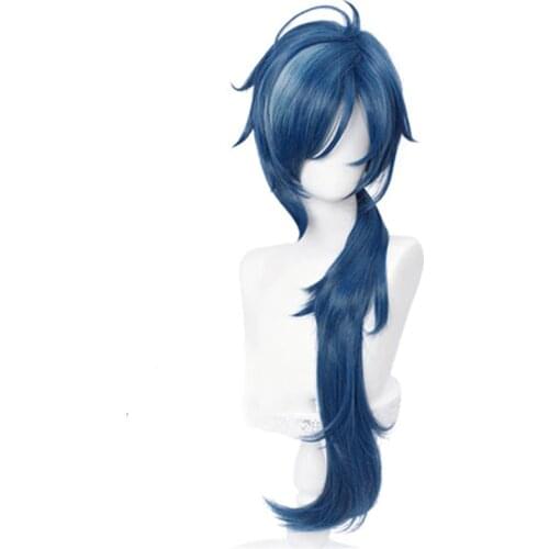 Genshin Impact Kaeya Cosplay Men 80cm Long Ink-blue Wig Cosplay Costume Heat Resistant Synthetic Hair Peluca Anime Wigs