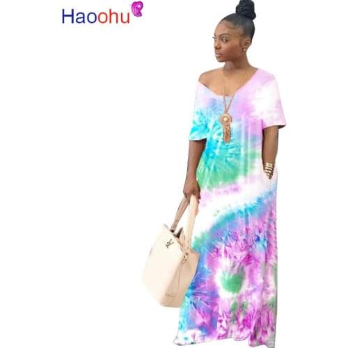 HAOOHU Women Summer Tie Dye Print V-neck Short Sleeve Slim Maxi Dress Sexy Beach Party Long Dresses