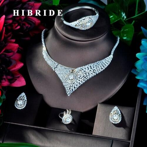 HIBRIDE Fashion Big Luxury Jewelry Cubic Zircon 4 pcs Wedding Bridal Jewelry Set Copper Dubai Jewelry For Ladies N-856