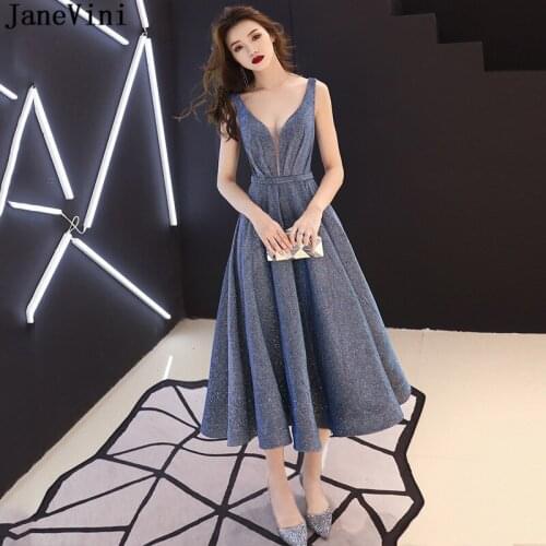 JaneVini Shiny Fabric Tea-Length Prom Dresses 2021 A Line V-Neck Sleeveless Sexy Women Evening Party Gowns Gorgeous Formal Dress