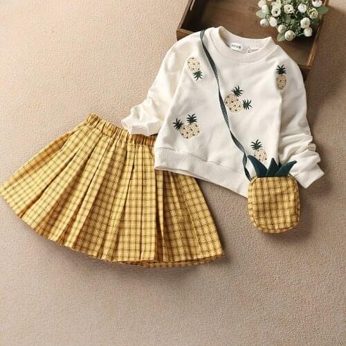 Quality Clothing Girls Short Skirts Sets Plaid Skirt Cartoon Fruit Embroidered O-neck 2Pcs Clothes Set Outfits Long Sleeve Suit