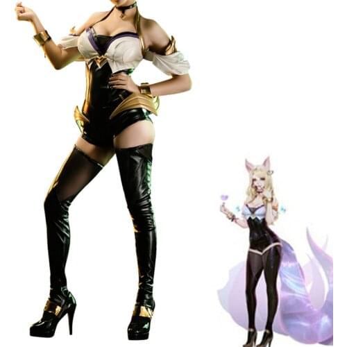 Game LOL KDA Ahri Cosplay Costume Bodysuits Jumpsuits Outfit Full Set LOL K/DA Ahri Synthetic Wigs Hair For Women Girl Halloween