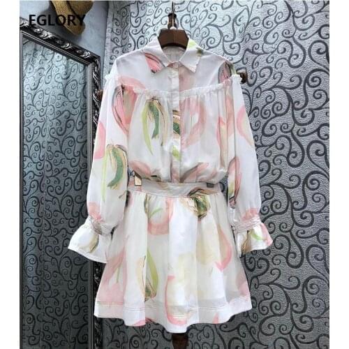 2021 Spring Summer Fashion Skirt Suits Women Turn-down Collar Sweet Fruit Print Long Sleeve Shirts+A-Line Skirt Sets Casual 2pc