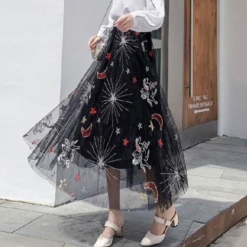 Limiguyue Summer Women Long Maxi Skirt Star Pegasus Embroidery Three-Layer Mesh Tulle Skirt Sweet Elastic High Waist Falda K1085
