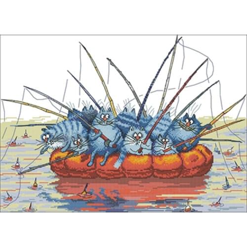 Cat fishing patterns Counted Cross Stitch 11CT 14CT 18CT DIY Chinese Cross Stitch Kits Embroidery Needlework Sets