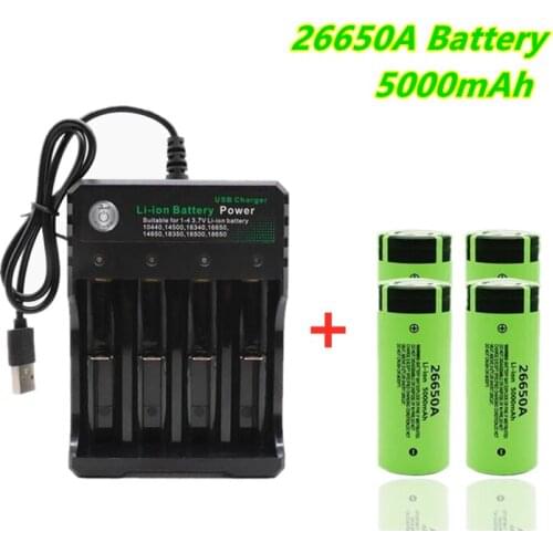 Original High Quality 26650 Battery 5000mAh 3.7V 50A Lithium Ion Rechargeable Battery for 26650A LED Flashlight + 18650 Charger
