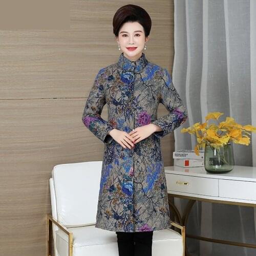 New coat female Autumn Winter Large size printing Cotton clothing coat Middle age clothes long Outerwear Thicken Cotton jacket