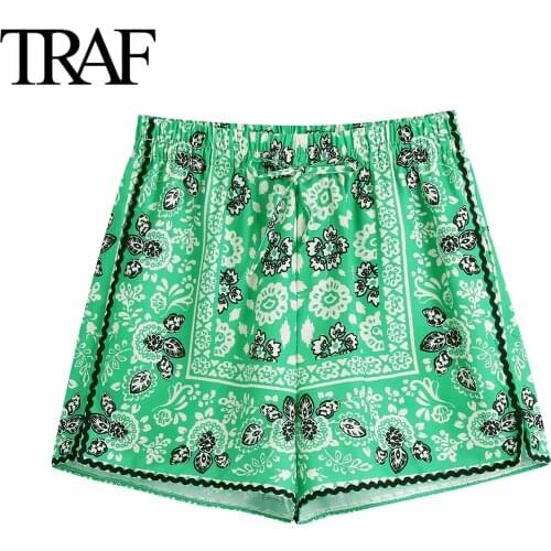 Traf 2021 Summer Women Clothes Bottoms Sexy Hot Pants High Waist Shorts Fashion Casual Wide Leg Pants Printing Sweatshorts