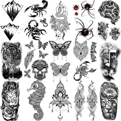 Butterfly Lotus Pendant Mandala Temporary Tattoos For Women Adult Ear Neck Arm Tiger Spider Tatoo Cross Lion Fake Tattoo Sticker