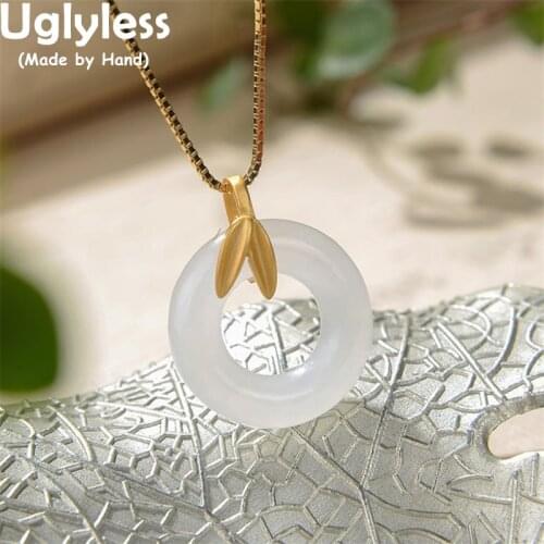 Uglyless Gold Bamboo Leaves Necklaces NO Chains 925 Silver Jade Emerald Circles Pendants Women Gemstones Peace Buttons Jewelry