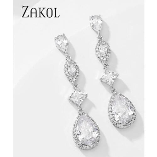 ZAKOL New Two Colors Plating Luxury Jewelry Water Drop Cubic Zirconia Long Pendant Shiny Stone Dangle Earrings for Wedding Party