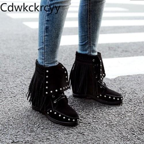 Winter The New fashion Round head Thick heel Womens boots student Lace tassel Plus velvet Keep warm High heel Women boots 34-43