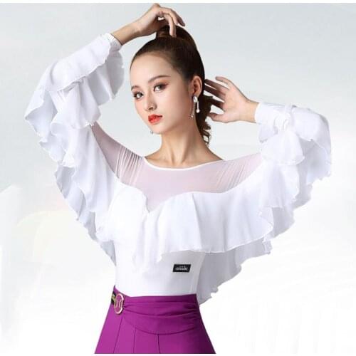7 Colors Latin Dance Practice Clothes Womens Standard Long-Sleeve Dance Lotus Leaf Top For Ballroom Samba Dance Shirt DL6711