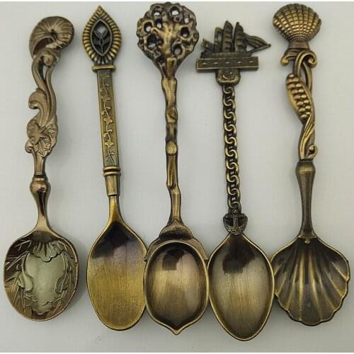 5pcs/lot Spoons Vintage Zinc Alloy Tea Coffee Ice Cream Dessert Spoon Flatware Sets For Snacks Kitchen Tableware KV 041