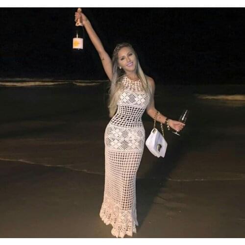 Hot Sexy Crochet Hollow Knitted Beach Dress Bikini Covers Knitted Bikini Outer Beach Blouse Holiday Sunscreen Sleeveless Dress