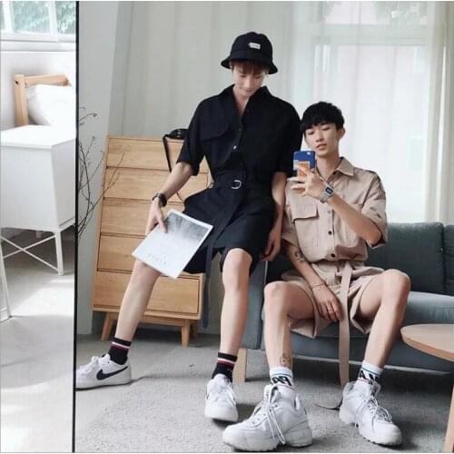 Summer hip hop Short Sleeve Rompers Male Loose Tooling Jumpsuit Cotton Punk baggy Overalls Men Street dancing bib pants